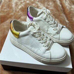 Kurt Geiger White Leather Sneakers with Gold and Purple Heel Tabs